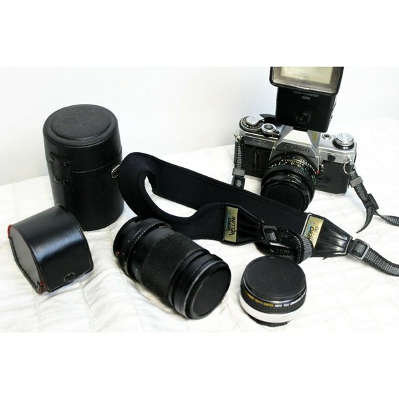 Vtg Canon AE-1 35mm Film Camera Flash Tele Converter 50mm 80mm Lens All Works - Picture 5 of 9